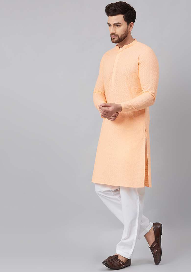Peach Chikankari Embroidered Kurta For Men - Indya