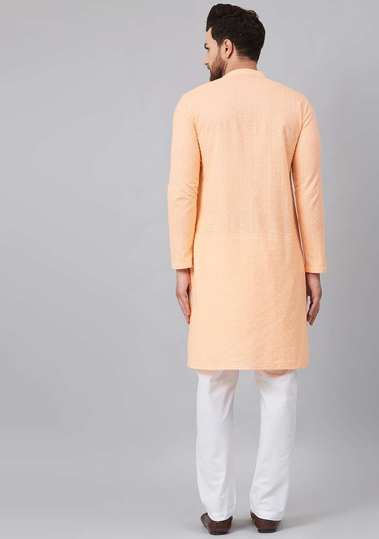 Peach Chikankari Embroidered Kurta For Men - Indya