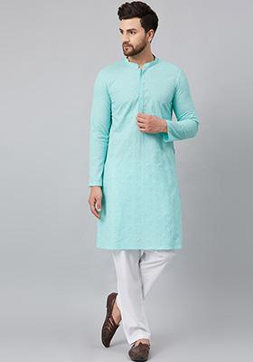 Sea Green Chikankari Embroidered Cotton Kurta For Men