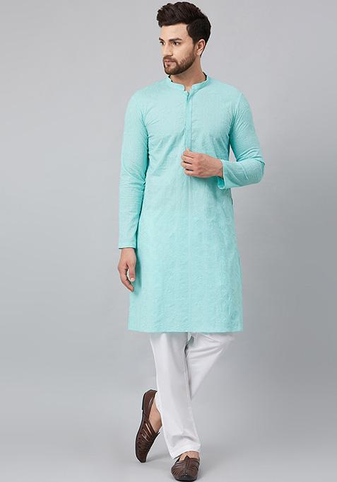 Sea Green Chikankari Embroidered Cotton Kurta For Men