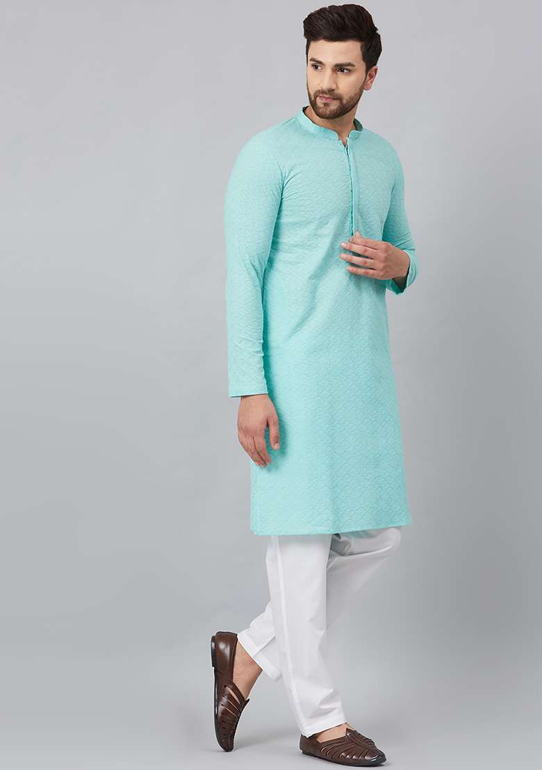 Blue Chikankari Embroidered Cotton Kurta For Men - Indya