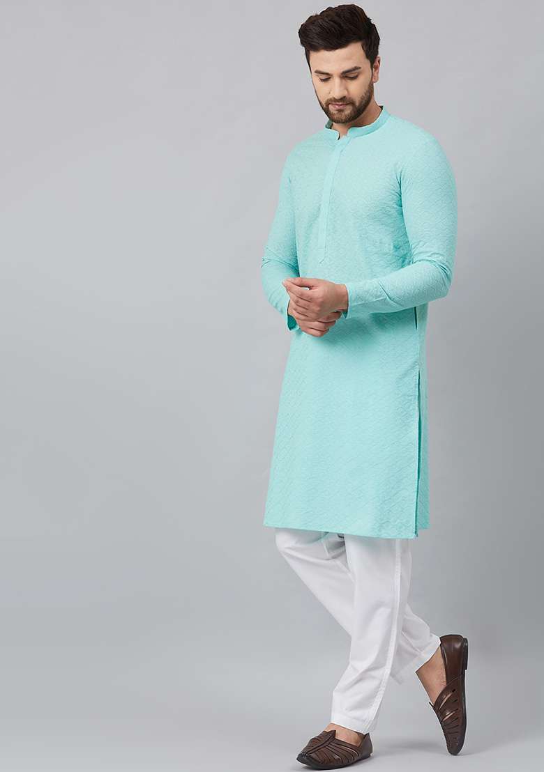 Blue Chikankari Embroidered Cotton Kurta For Men - Indya