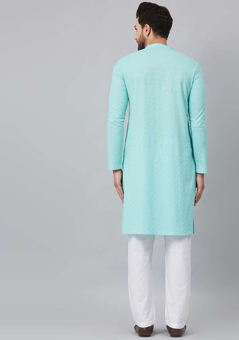 Blue Chikankari Embroidered Cotton Kurta For Men - Indya