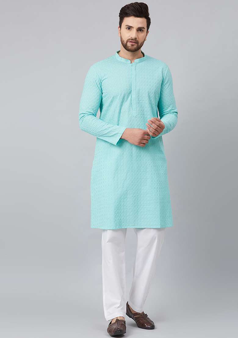 Sea Green Chikankari Embroidered Kurta For Men - Indya
