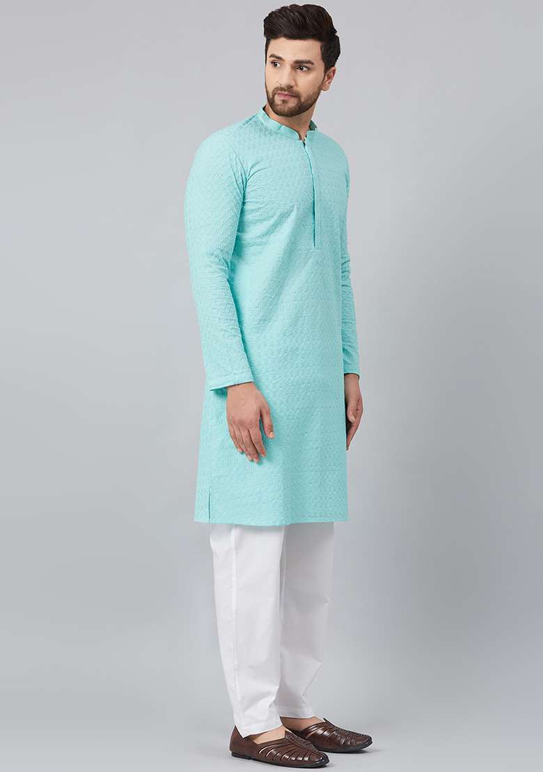 Sea Green Chikankari Embroidered Kurta For Men - Indya