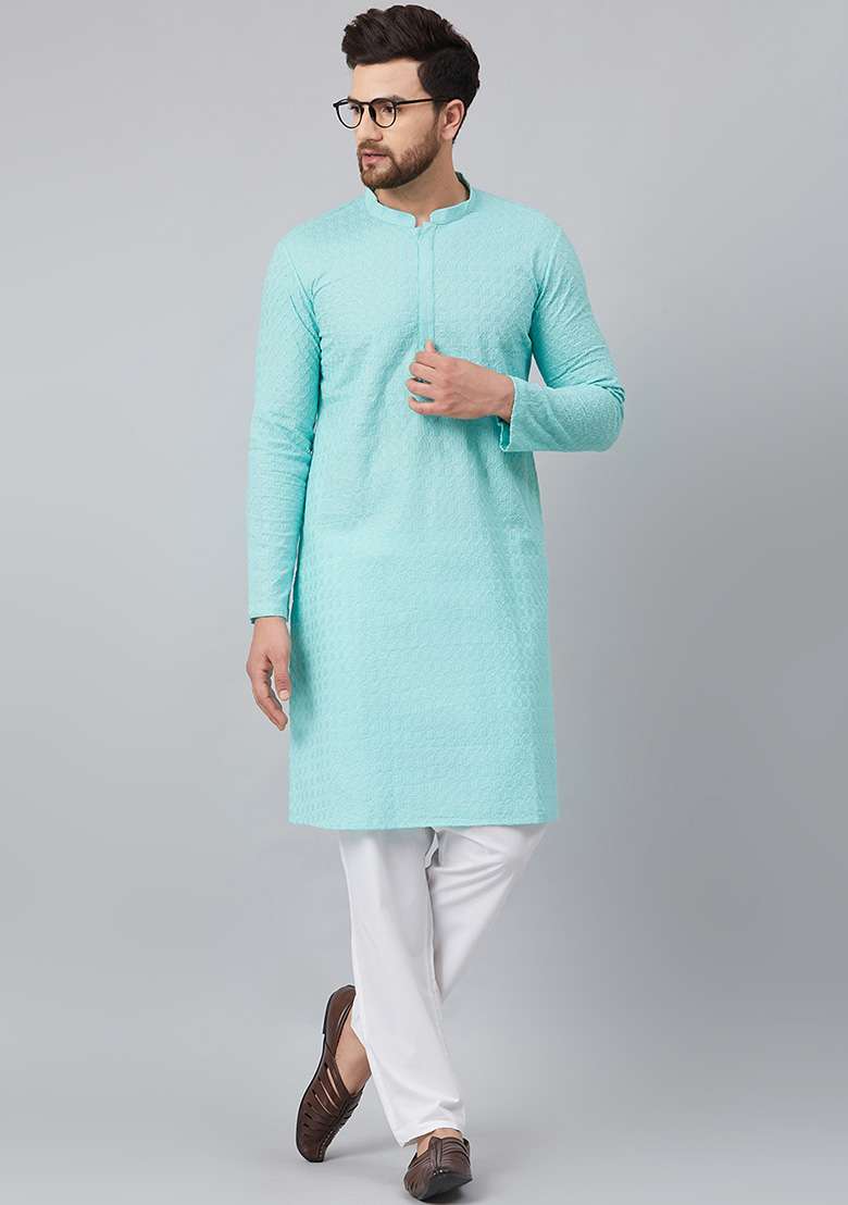 Sea Green Chikankari Embroidered Kurta For Men - Indya