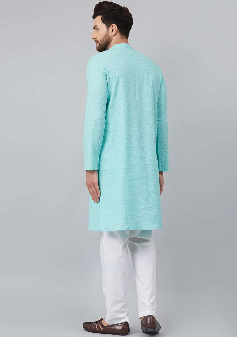 Sea Green Chikankari Embroidered Kurta For Men - Indya