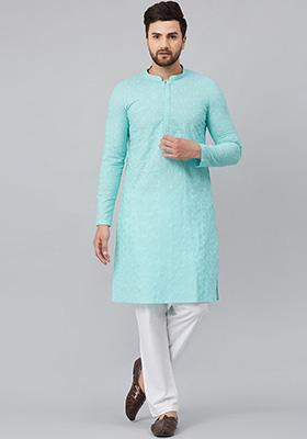 Blue Chikankari Embroidered Kurta For Men