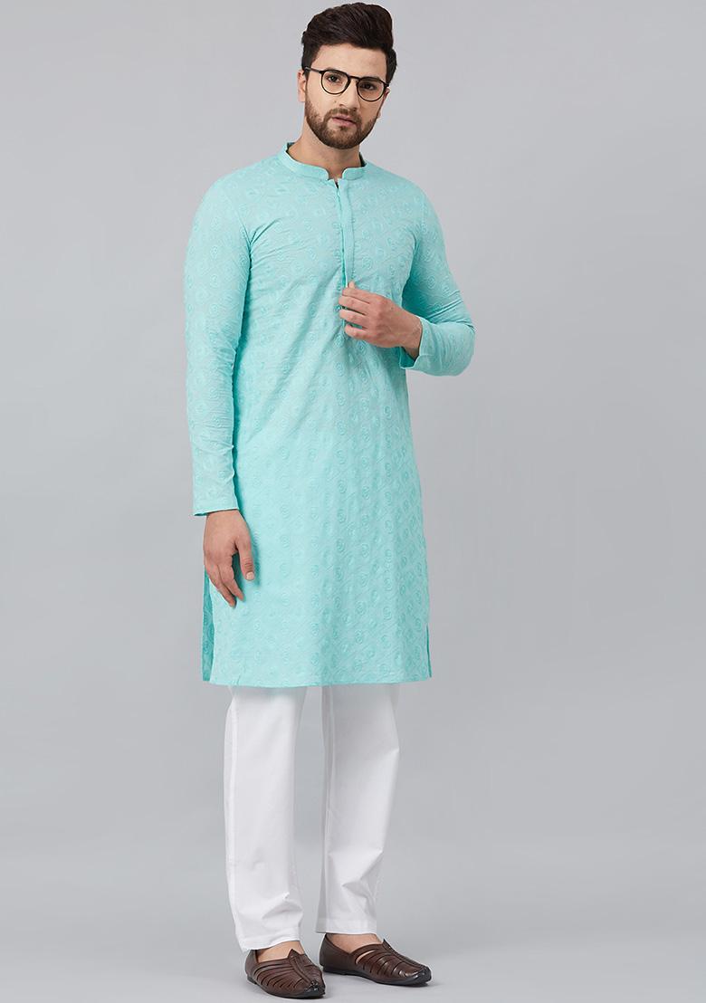 Blue Chikankari Embroidered Kurta For Men
