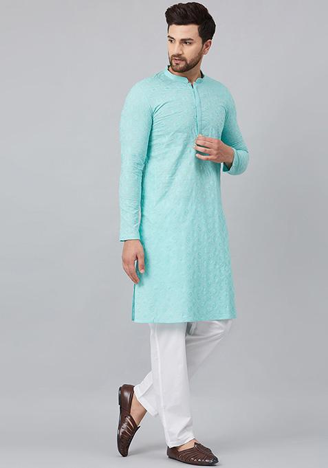Blue Chikankari Embroidered Kurta For Men