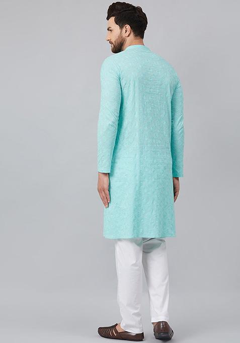 Blue Chikankari Embroidered Kurta For Men