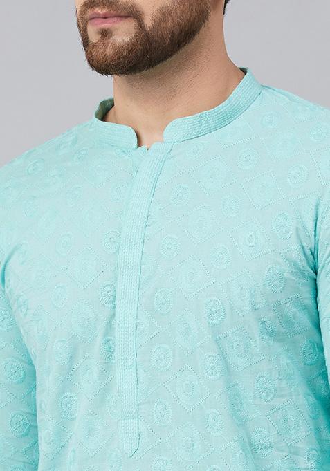 Blue Chikankari Embroidered Kurta For Men