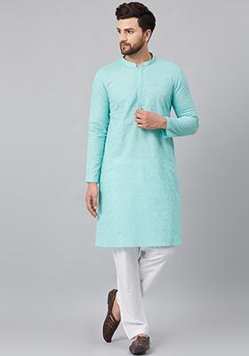 Sea Green Chikankari Work Cotton Kurta For Men