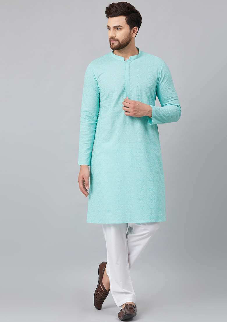 Sea Green Chikankari Work Cotton Kurta For Men - Indya