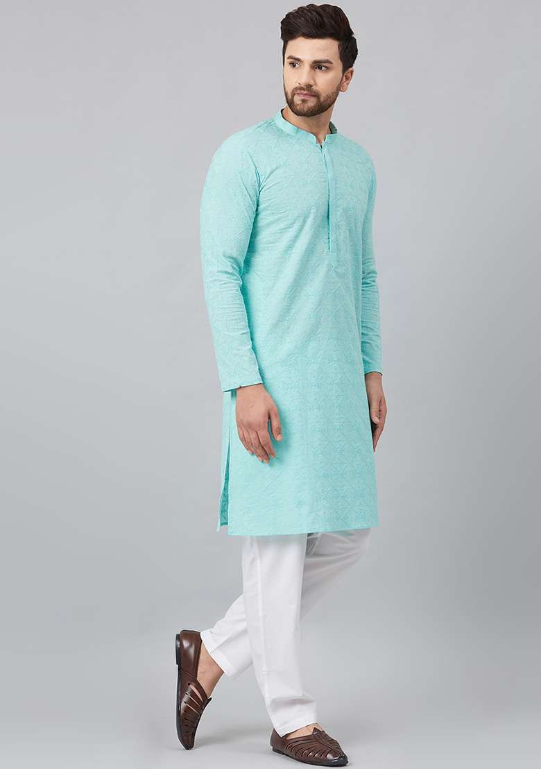 Sea Green Chikankari Work Cotton Kurta For Men - Indya