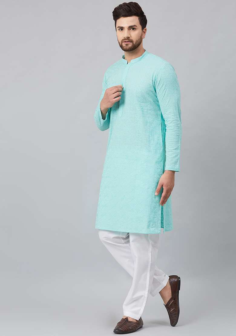 Sea Green Chikankari Work Cotton Kurta For Men - Indya