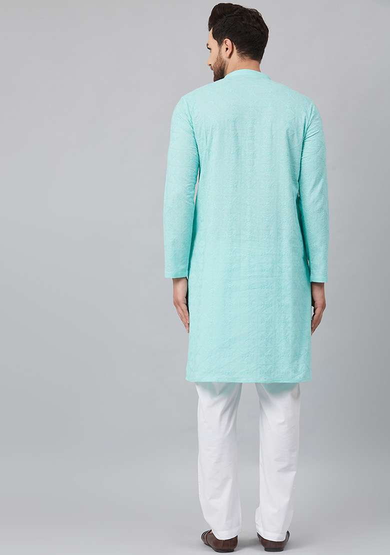 Sea Green Chikankari Work Cotton Kurta For Men - Indya