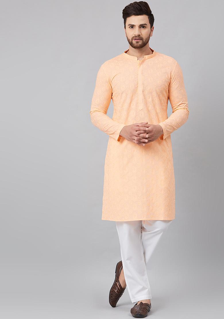 Light Peach Chikankari Embroidered Cotton Kurta For Men