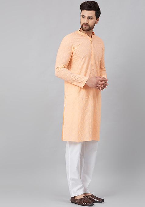 Light Peach Chikankari Embroidered Cotton Kurta For Men