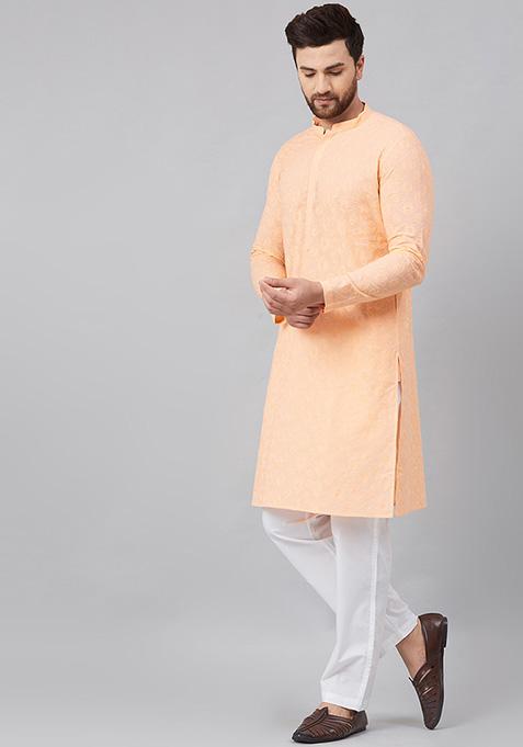 Light Peach Chikankari Embroidered Cotton Kurta For Men