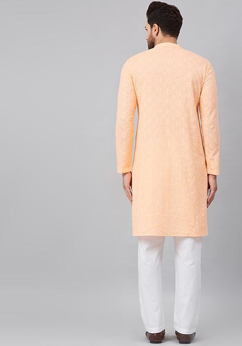 Light Peach Chikankari Embroidered Cotton Kurta For Men