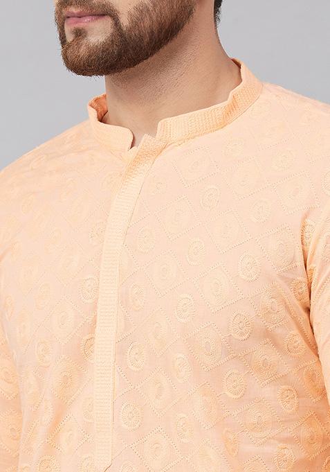Light Peach Chikankari Embroidered Cotton Kurta For Men
