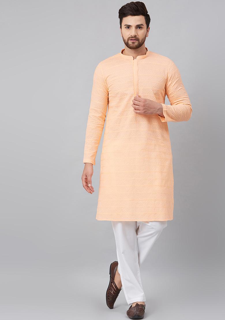 Peach Chikankari Work Kurta For Men