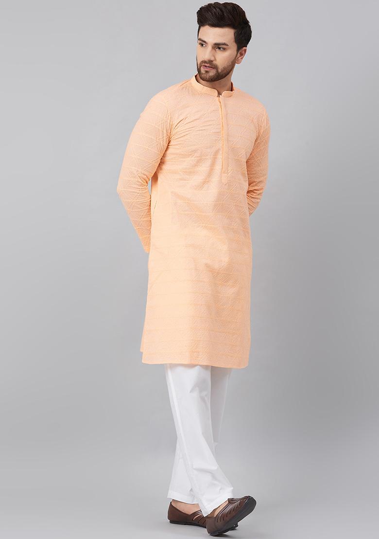 Peach Chikankari Work Kurta For Men