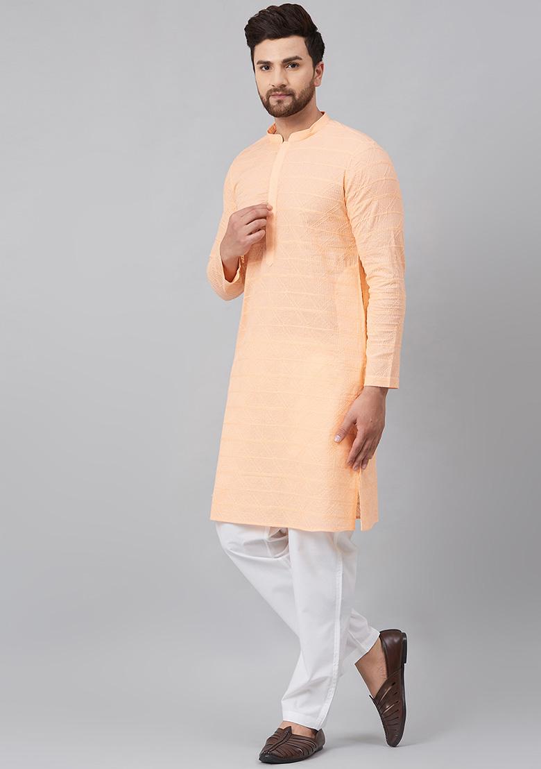 Peach Chikankari Work Kurta For Men