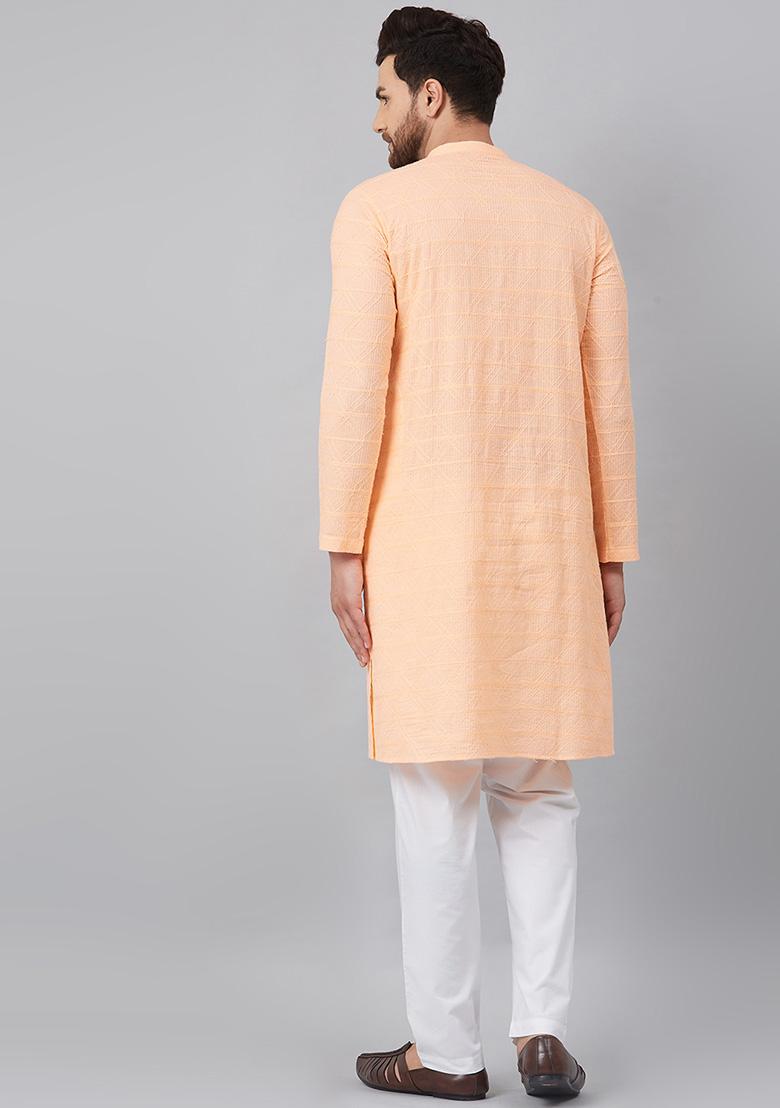 Peach Chikankari Work Kurta For Men - Indya