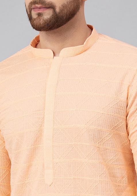 Peach Chikankari Work Kurta For Men