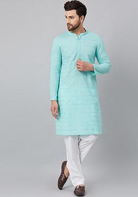 Blue Chikankari Work Cotton Kurta For Men