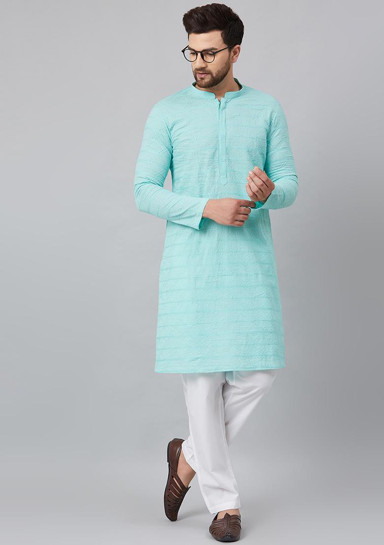 Blue Chikankari Work Cotton Kurta For Men