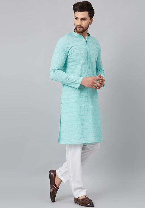 Blue Chikankari Work Cotton Kurta For Men
