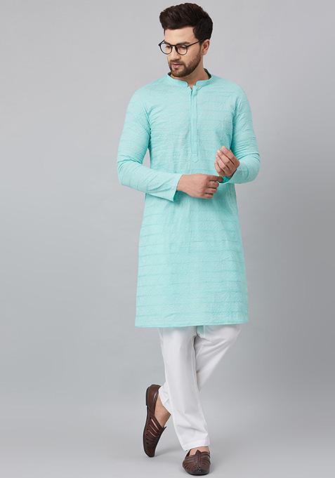 Blue Chikankari Work Cotton Kurta For Men