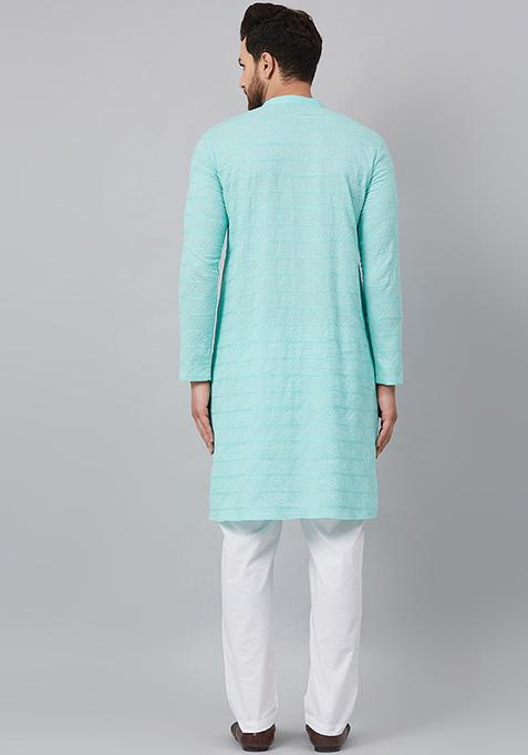 Blue Chikankari Work Cotton Kurta For Men