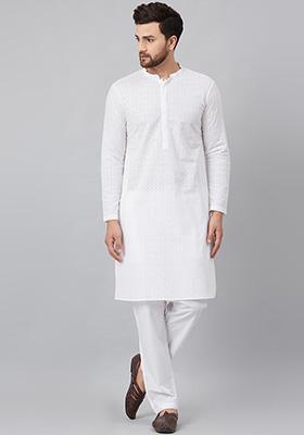 White Chikankari Embroidered Work Cotton Kurta For Men
