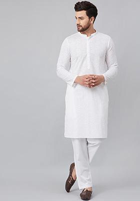 White Chikankari Work Cotton Kurta For Men