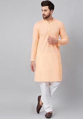 Peach Chikankari Embroidered Cotton Kurta For Men