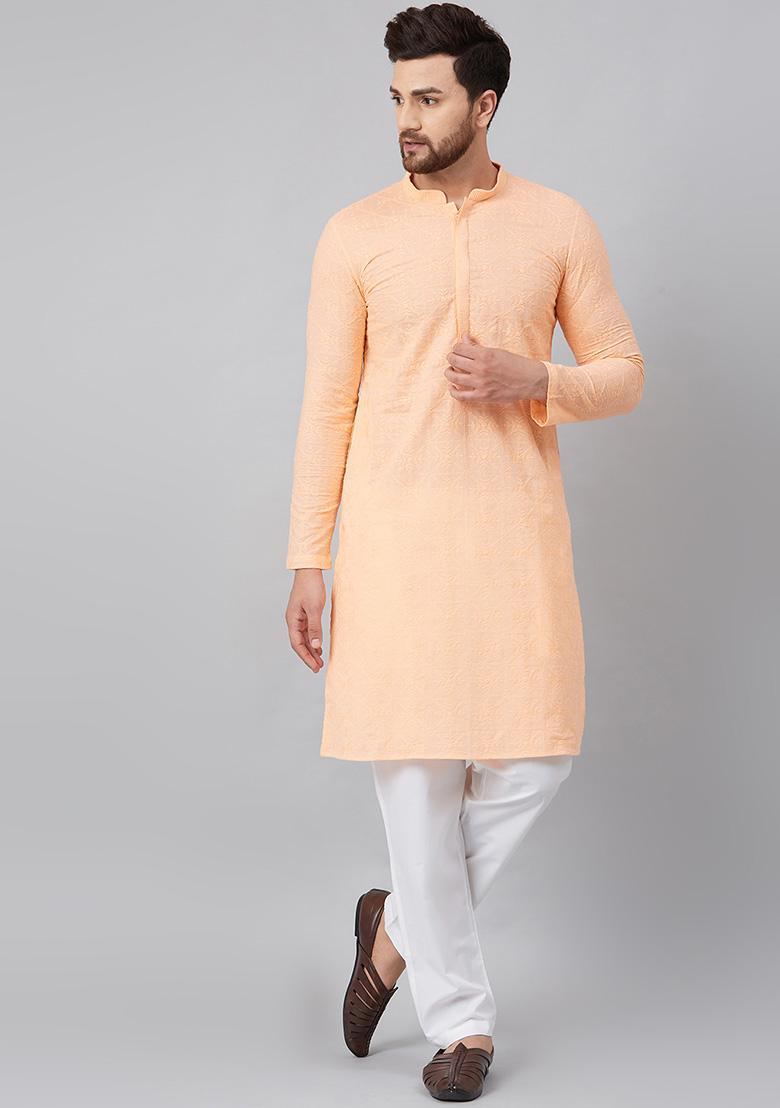 Peach Chikankari Embroidered Cotton Kurta For Men