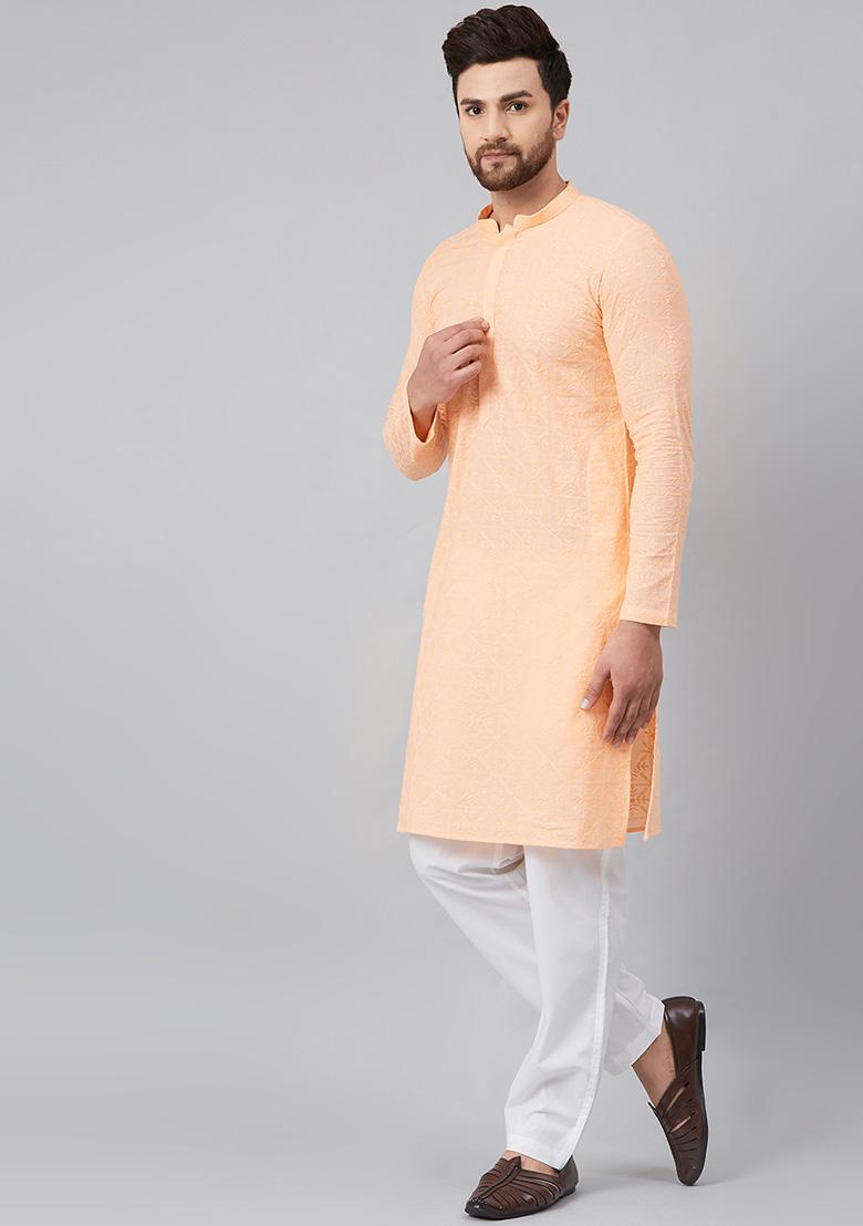 Peach Chikankari Embroidered Cotton Kurta For Men