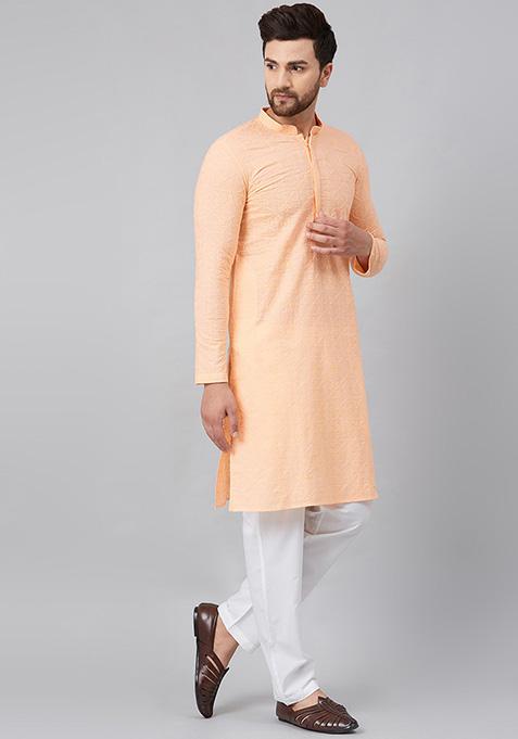 Peach Chikankari Embroidered Cotton Kurta For Men