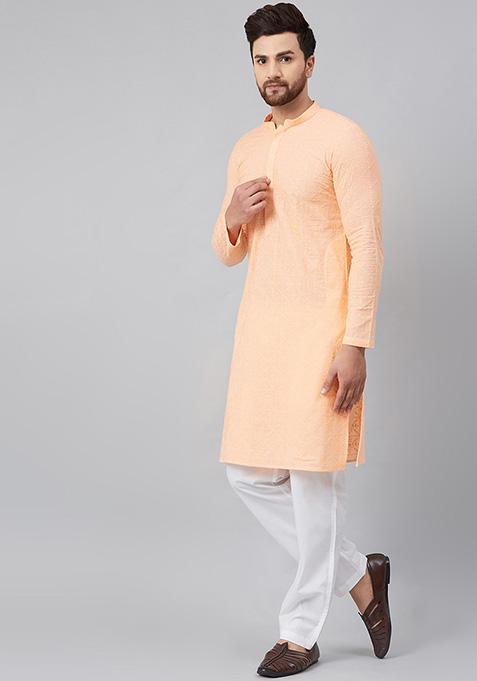 Peach Chikankari Embroidered Cotton Kurta For Men