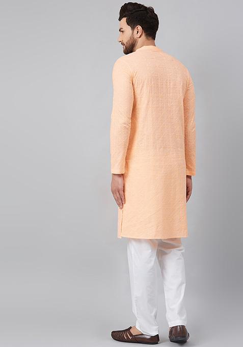 Peach Chikankari Embroidered Cotton Kurta For Men
