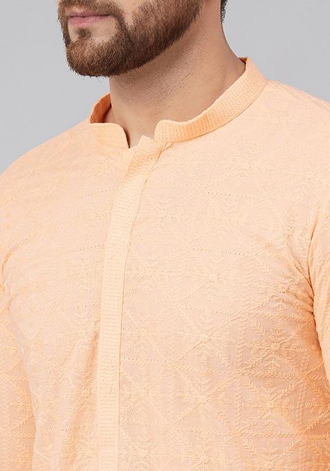 Peach Chikankari Embroidered Cotton Kurta For Men