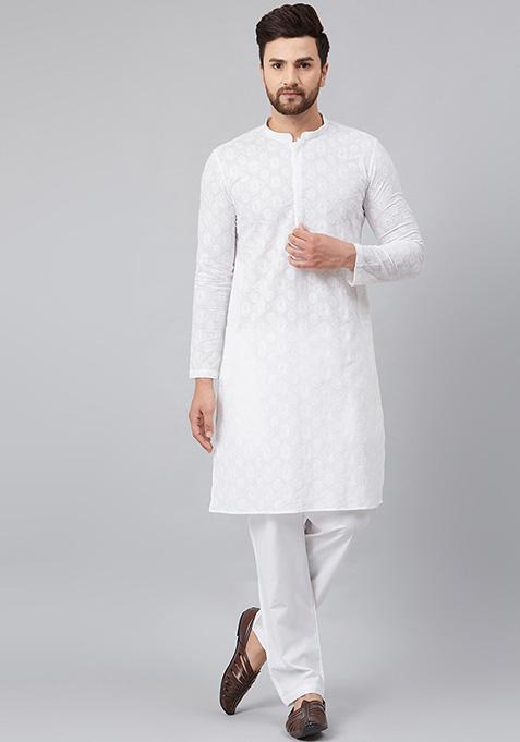 Pearl White Chikankari Embroidered Cotton Kurta For Men