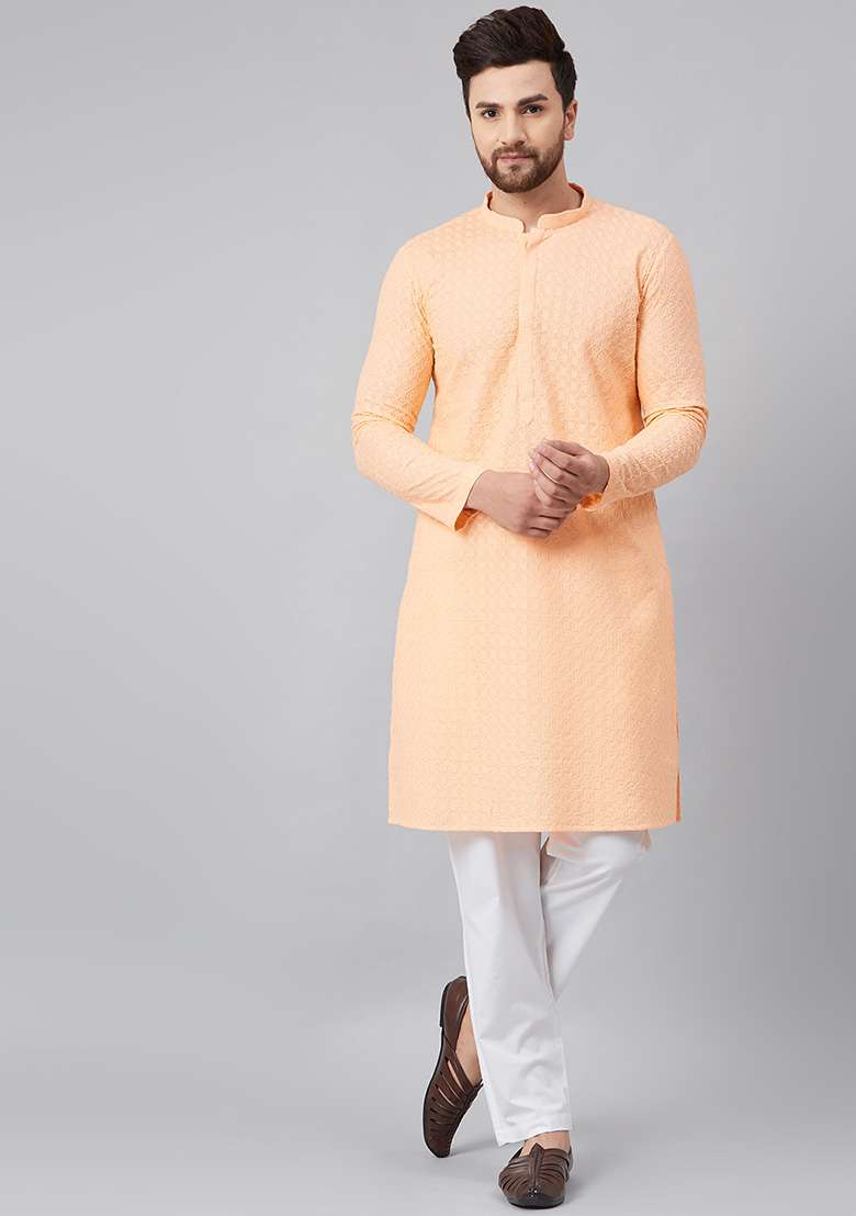 Peach Kurta Embroidered Cotton Kurta For Men - Indya