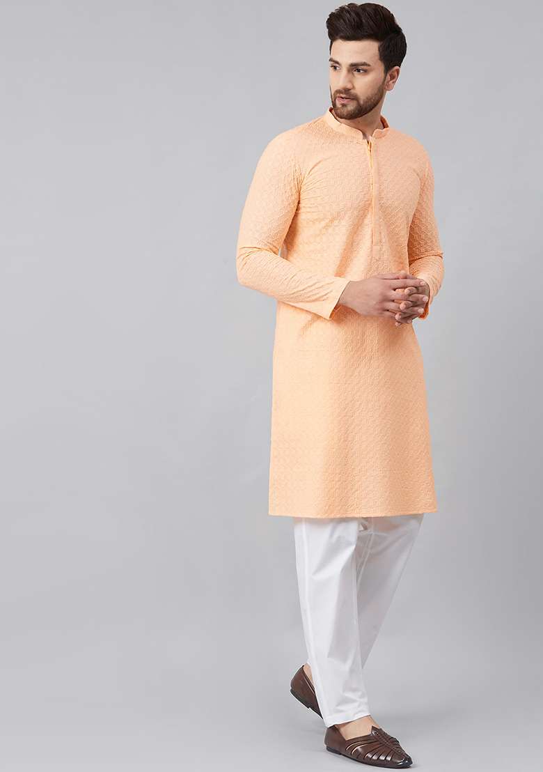 Peach Kurta Embroidered Cotton Kurta For Men - Indya