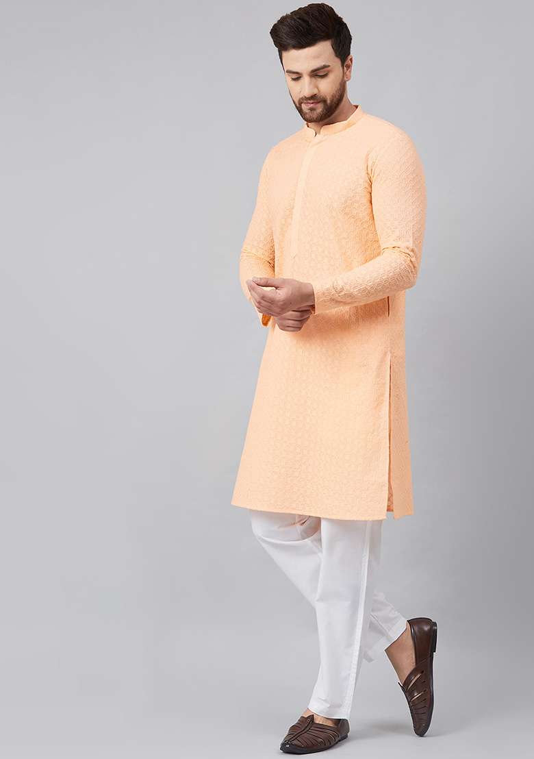 Peach Kurta Embroidered Cotton Kurta For Men - Indya