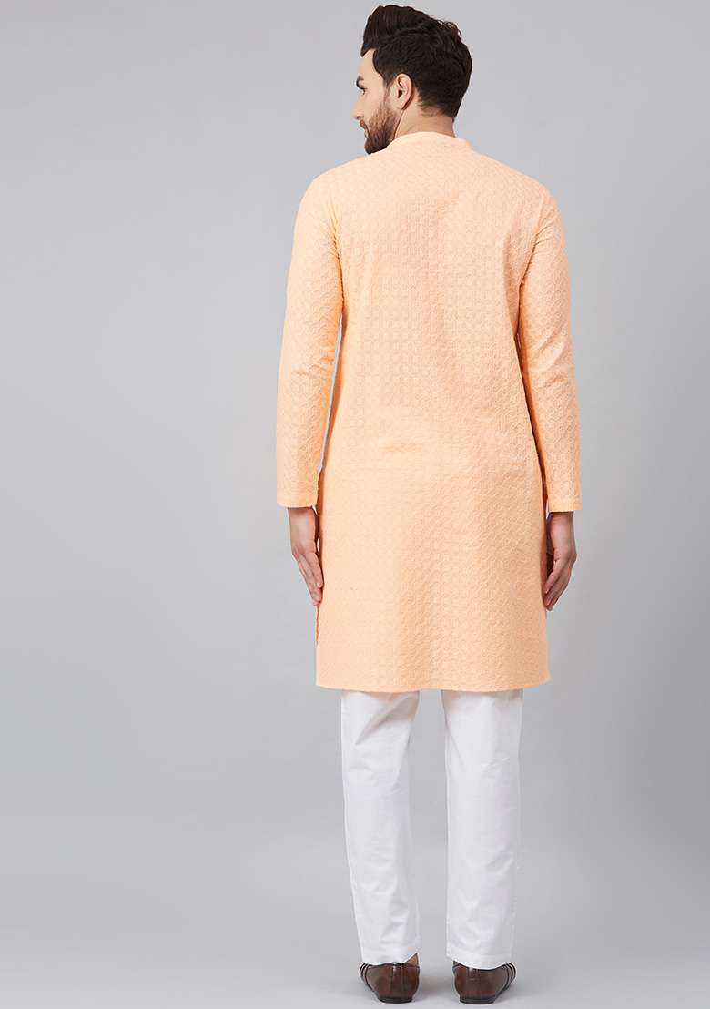 Peach Kurta Embroidered Cotton Kurta For Men - Indya